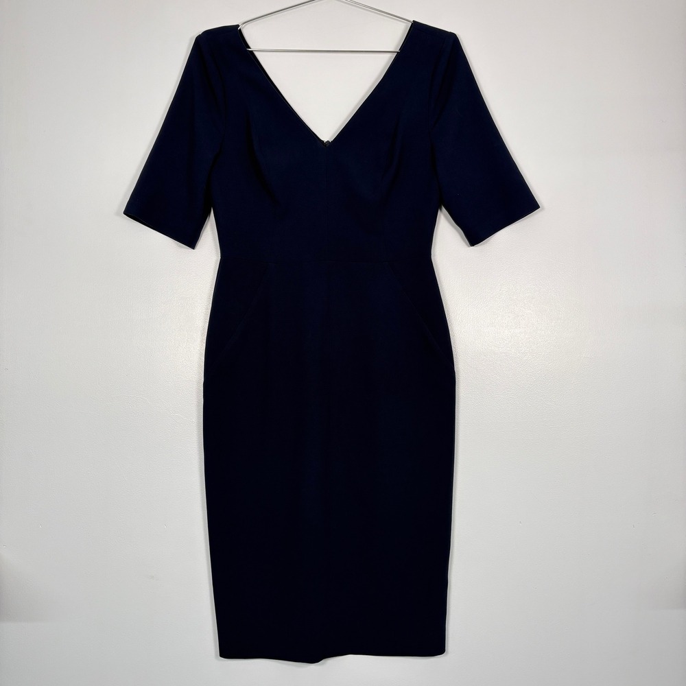 Black‎ Halo Women Dress 10 Navy Blue Jeanette Sheath V-Neck Short Sleeve 3599353